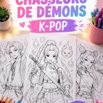 Une page à colorier inspirée des chasseurs de démons K-pop, dévoilant des personnages stylisés prêts à être colorés.