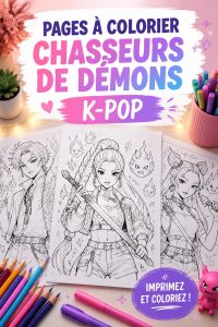 Une page à colorier inspirée des chasseurs de démons K-pop, dévoilant des personnages stylisés prêts à être colorés.
