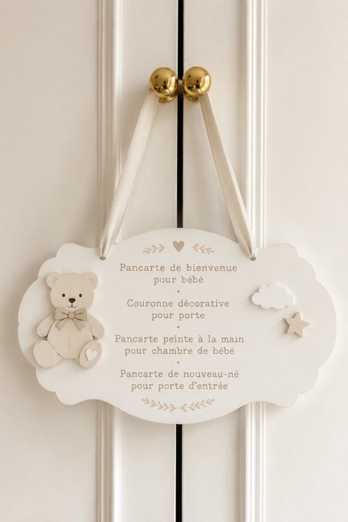 Panneau de porte personnalisé pour accueillir un bébé dans sa nursery, décoré avec des couleurs douces et des motifs tendres.