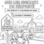 Une page à colorier montrant différents panneaux de sécurité pour enfants.