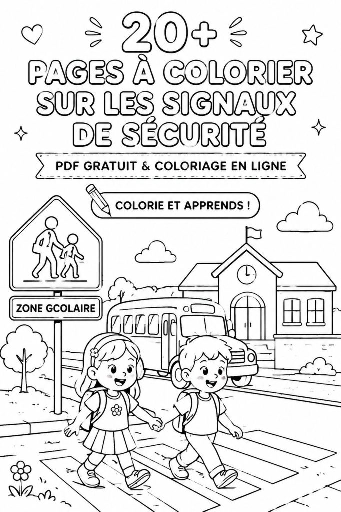 Une page à colorier montrant différents panneaux de sécurité pour enfants.