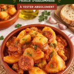 Plat traditionnel de patatas a la riojana servi dans un bol en terre cuite, décoré de persil frais.