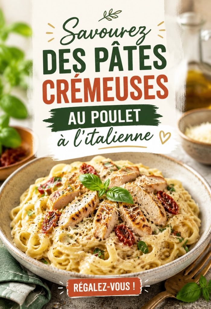 Pâtes crémeuses au poulet sur une assiette avec une garniture de parmesan