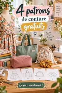 Patrons de couture gratuits avec textiles colorés disposés sur une table de travail.