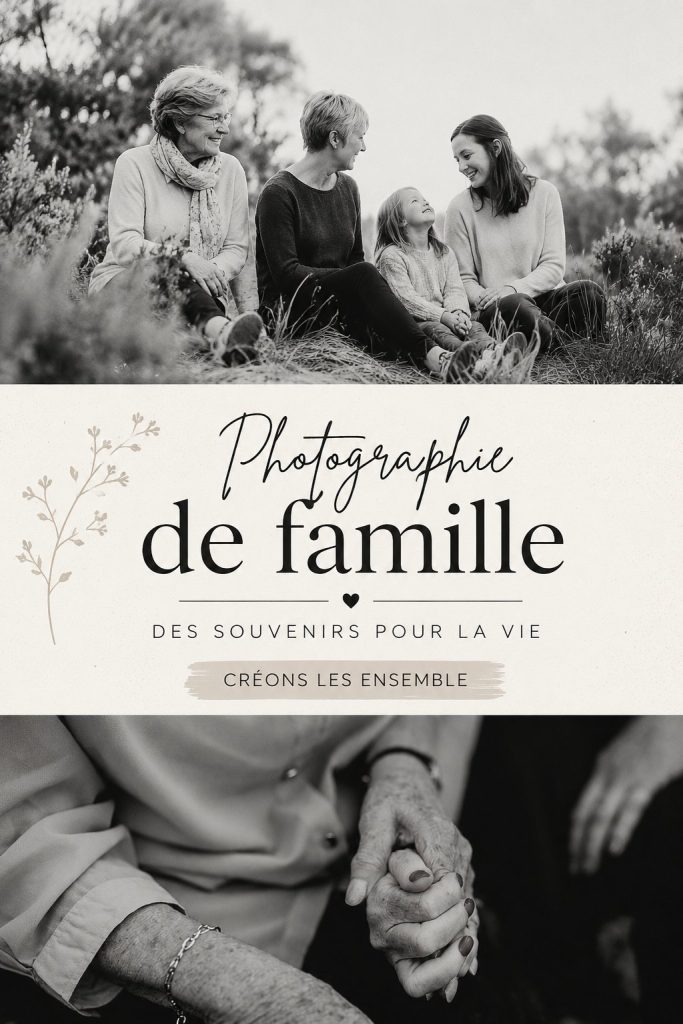 Photo d'une famille intergénérationnelle réunie pour une séance photo en extérieur.