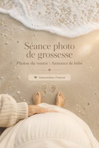 Séance photo de maternité sur la plage avec une femme enceinte en robe fluide