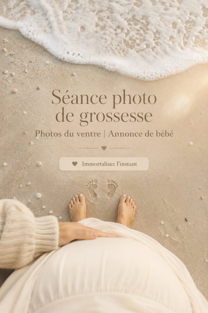 Séance photo de maternité sur la plage avec une femme enceinte en robe fluide
