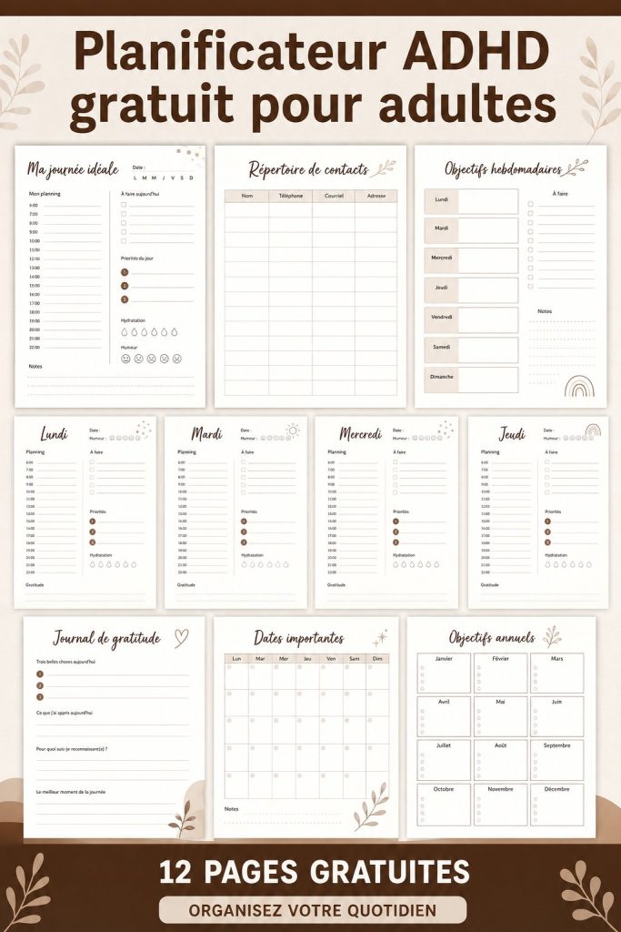Un planificateur ADHD gratuit à imprimer, sur un bureau avec des fournitures scolaires.