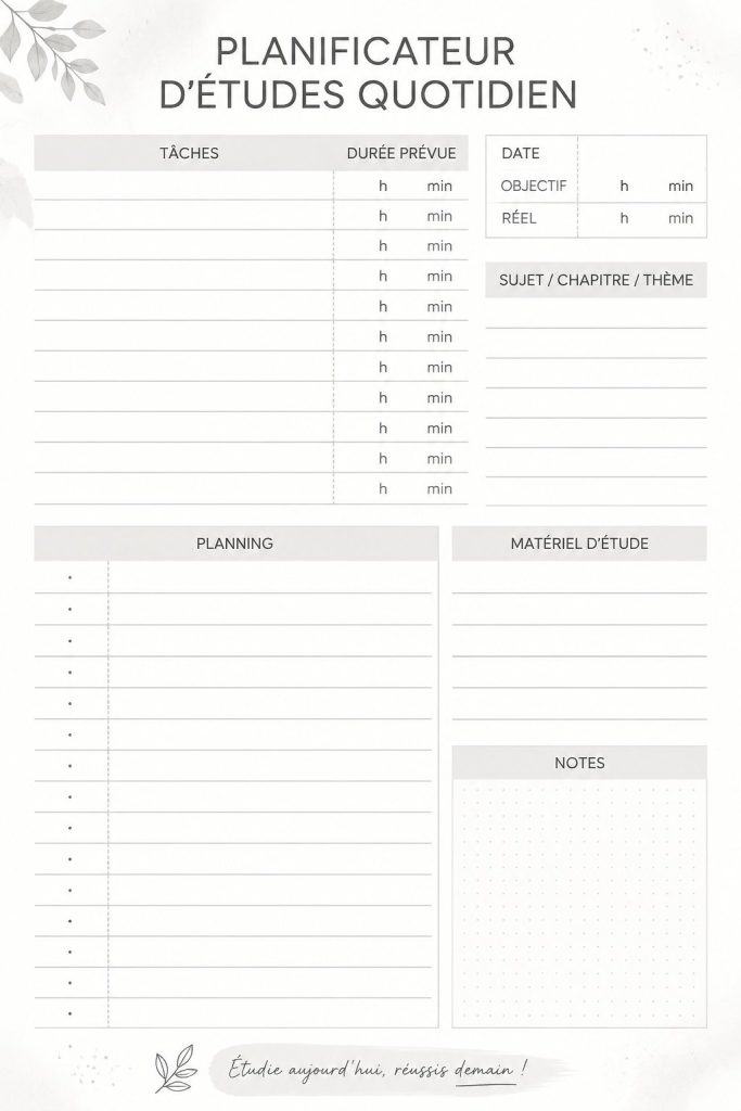 Un planner d'études ouvert avec des notes organisées et des encadrés colorés