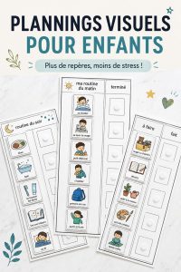 Une illustration montrant des enfants utilisant un planning visuel coloré pour organiser leurs tâches quotidiennes.