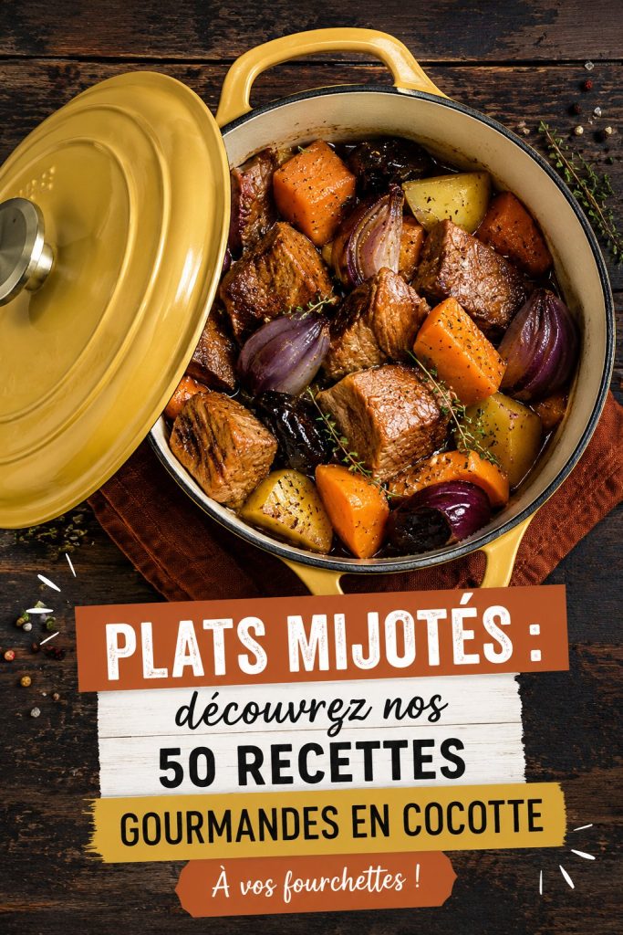 Recette de plats mijotés en cocotte, assiette garnie de légumes et viande