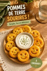 Pommes de terre souriantes sur une assiette colorée, décorées de légumes.