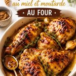Plat de poulet au miel et moutarde cuit au four, servi avec des légumes colorés.
