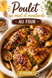 Plat de poulet au miel et moutarde cuit au four, servi avec des légumes colorés.
