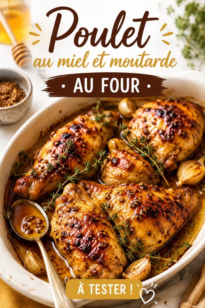 Plat de poulet au miel et moutarde cuit au four, servi avec des légumes colorés.