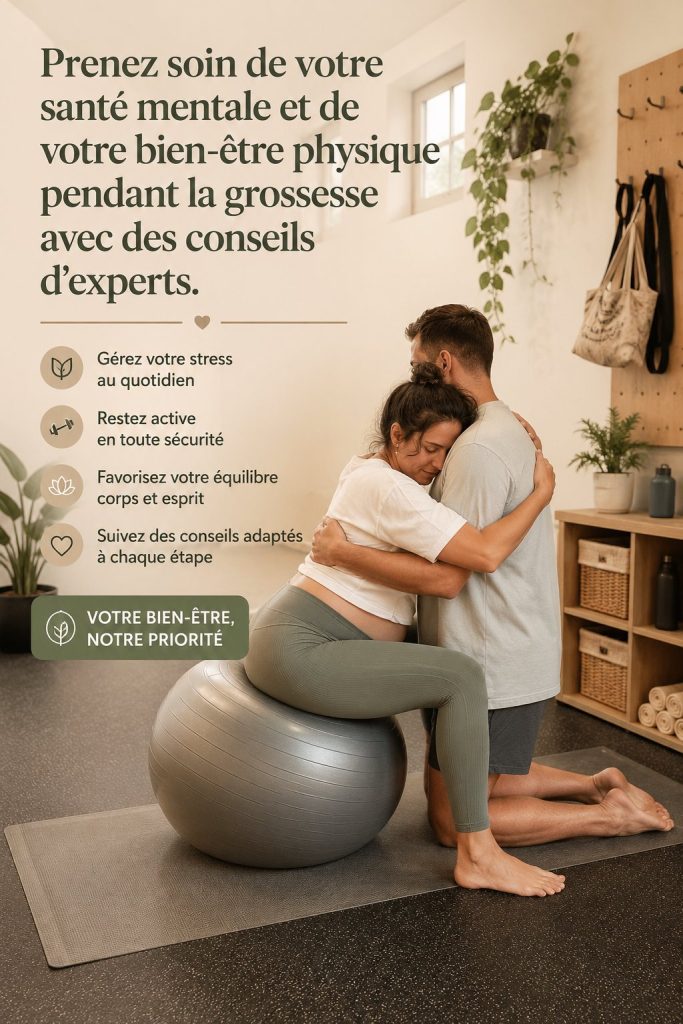 Femme enceinte méditant dans un cadre apaisant, symbole de bien-être durant la grossesse.