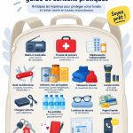 Une maman préparant une trousse d'urgence pour sa famille, avec divers articles essentiels.