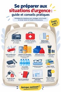Une maman préparant une trousse d'urgence pour sa famille, avec divers articles essentiels.