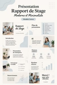 Un modèle de présentation moderne et minimaliste pour un rapport de stage sur Canva, affichant un design attractif et professionnel.