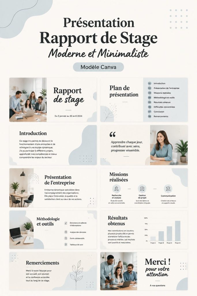 Un modèle de présentation moderne et minimaliste pour un rapport de stage sur Canva, affichant un design attractif et professionnel.
