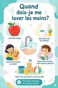 Illustration d'une mère montrant à son enfant comment se laver les mains correctement.