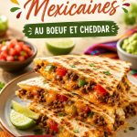 Quesadillas mexicaines au boeuf et cheddar dorées, prêtes à être servies.