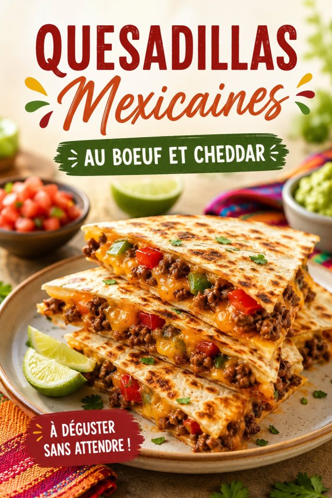 Quesadillas mexicaines au boeuf et cheddar dorées, prêtes à être servies.