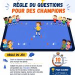 Un groupe d'enfants s'amusant autour d'un quiz sportif en extérieur.