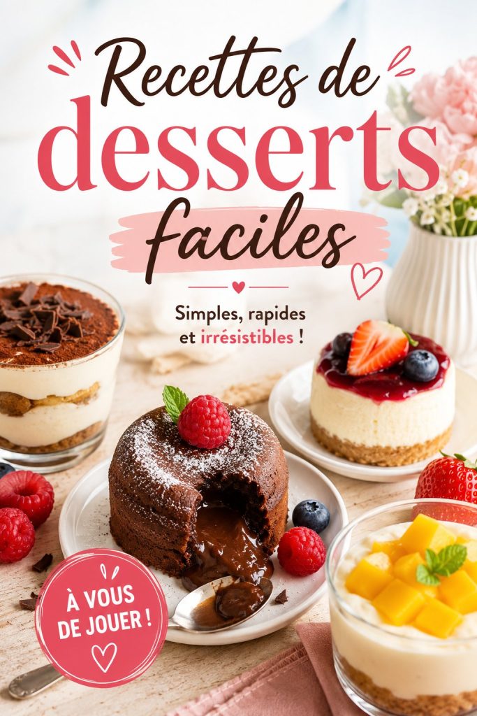 Assortiment de desserts faciles sur une table en bois.