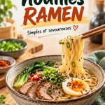 Bol de nouilles ramen colorées avec des légumes et une protéine pour un repas enfantin.