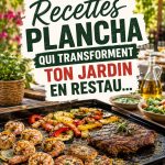 Un plat coloré de légumes et viandes cuits à la plancha pour un repas familial dans le jardin.