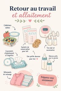 Une maman qui allaite son bébé tout en lisant des emails au travail, illustrant la conciliation travail et allaitement.