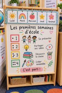 Un enfant heureux avec son cartable devant l'école, prêt pour la rentrée.