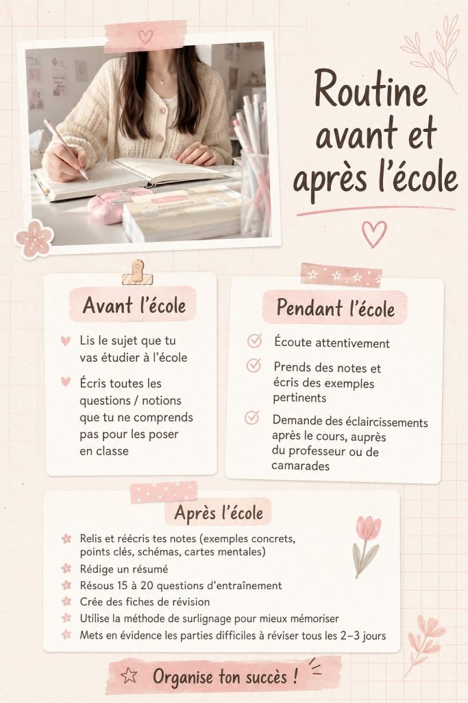 Étudiant suivant une routine organisée avant l'école avec un planning