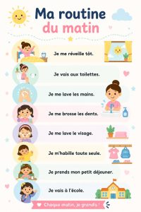 Affiche éducative illustrant une routine matinale pour enfants.