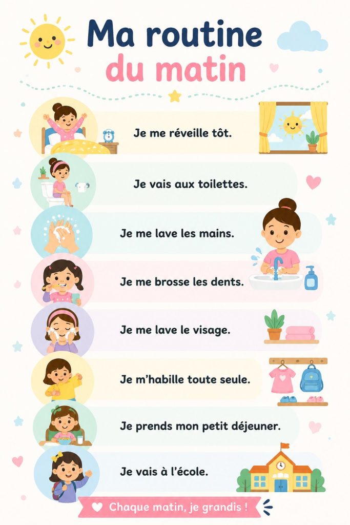 Affiche éducative illustrant une routine matinale pour enfants.