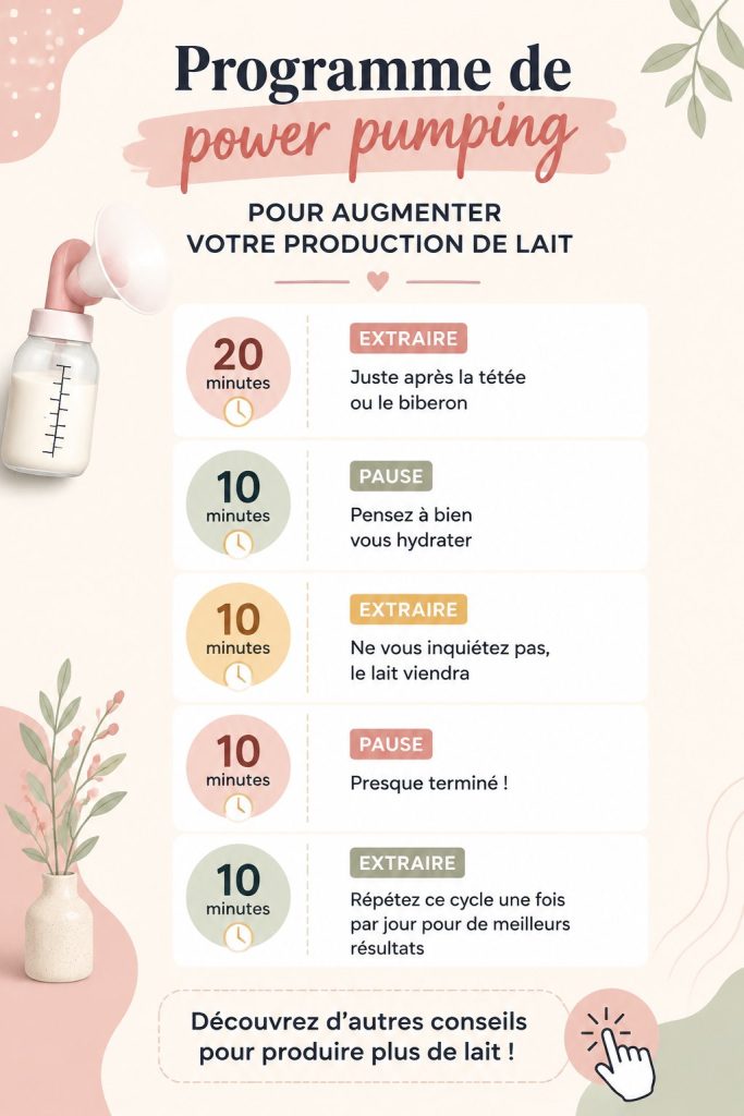 Femme faisant du power pumping pour stimuler sa lactation, entourée d'équipements de maternité