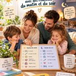 Famille réunie autour d'une table pour discuter de leurs routines du matin et du soir