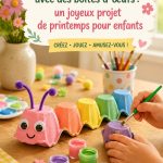 Des rups colorés réalisés avec des boîtes d'œufs, entourés de fleurs printanières.