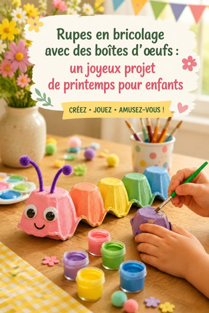 Des rups colorés réalisés avec des boîtes d'œufs, entourés de fleurs printanières.