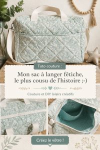 Sac à langer en tissu fait main aux motifs colorés, posé sur une table.
