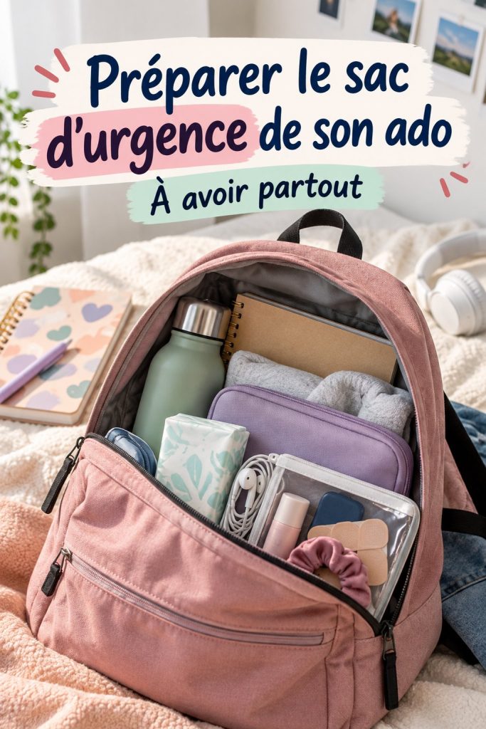 Sac d'urgence pour adolescents avec des fournitures essentielles, prêt à être utilisé.