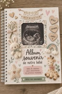 Un beau scrapbook de bébé rempli de photos et de souvenirs créatifs.