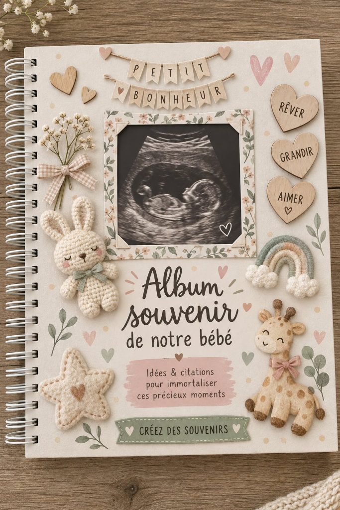 Un beau scrapbook de bébé rempli de photos et de souvenirs créatifs.