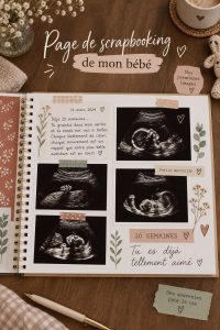 Scrapbook d'échographie bébé illustrant des pages créatives et colorées