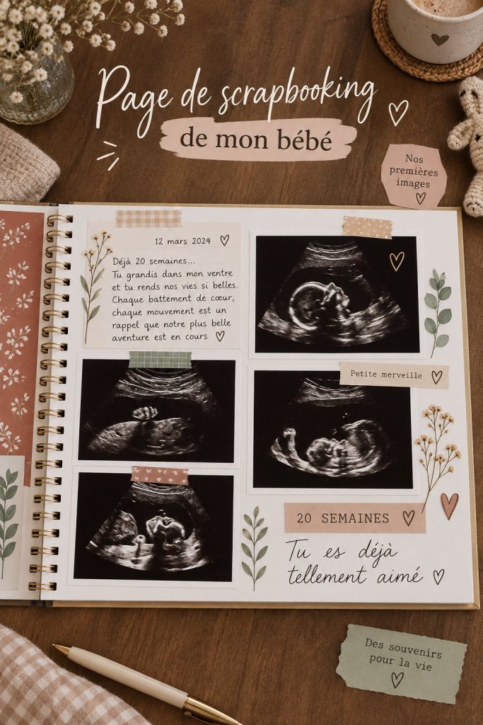 Scrapbook d'échographie bébé illustrant des pages créatives et colorées