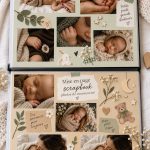 Un beau scrapbook photo décoré avec des images de bébé et des embellissements colorés.