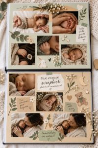 Un beau scrapbook photo décoré avec des images de bébé et des embellissements colorés.