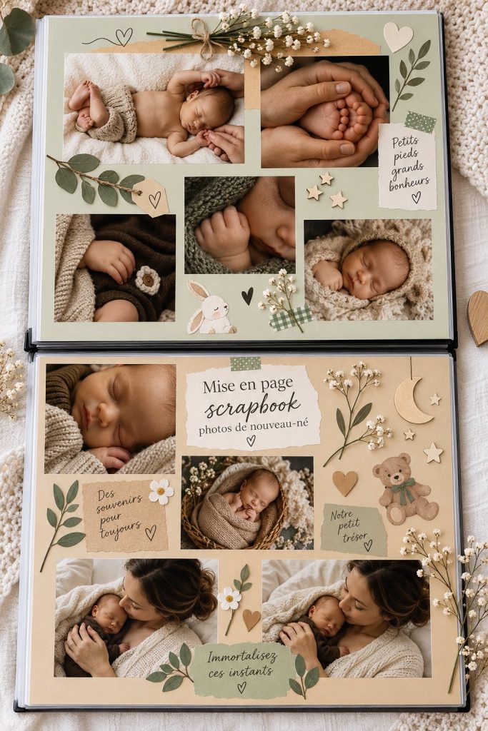 Un beau scrapbook photo décoré avec des images de bébé et des embellissements colorés.