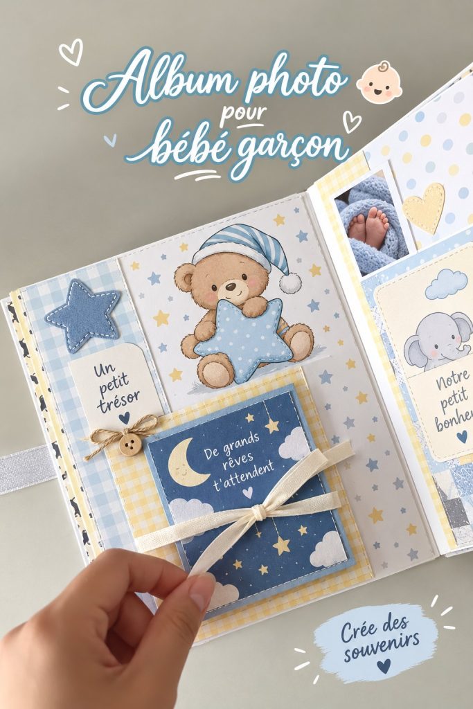 Scrapbook coloré avec des souvenirs d'un bébé garçon fleurs et photos